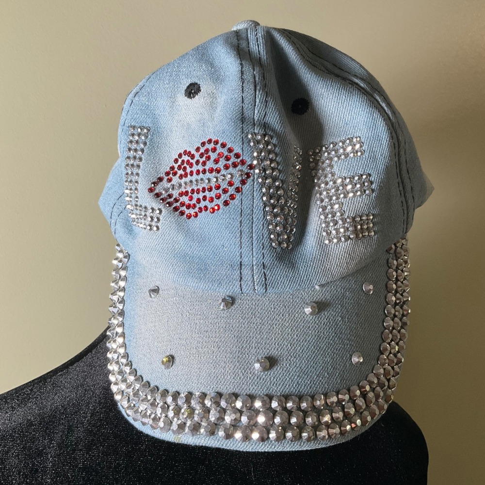 Y2K Bling Rhinestone LOVE Lips Denim Baseball Cap LightWash Studded Jean Dad Hat